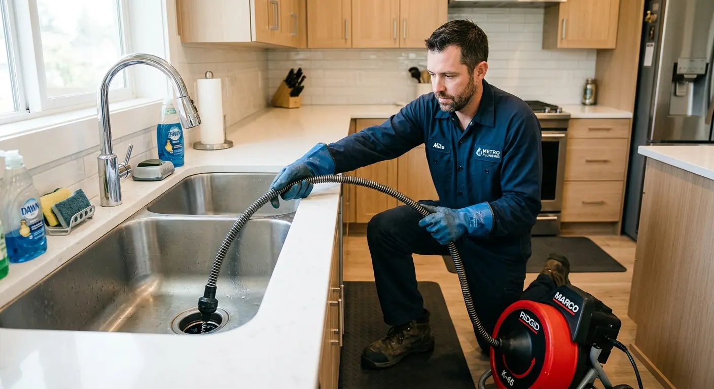 Drain cleaning technician using a motorized snake on a kitchen sink in Bulverde