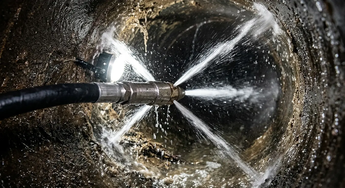 High-pressure hydro jetting nozzle cleaning sewer pipe for Trenchless Sewer Repair in Bulverde