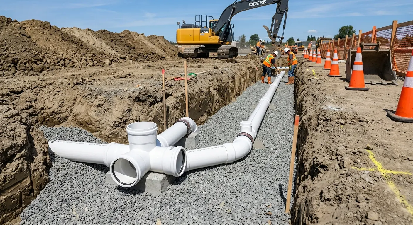 New PVC sewer pipe installation in open trench for Sewer Backup in Bulverde