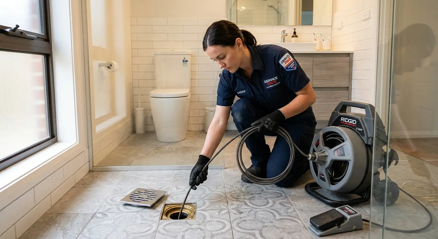 Technician clearing a bathroom floor drain for Drain Cleaning in Bulverde
